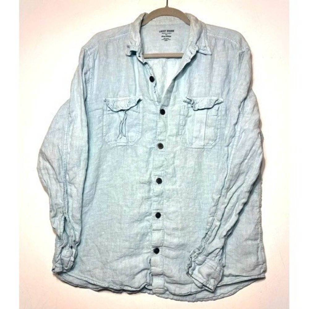 Lucky Brand Mens Large Irish Linen Baird McNutt Button Down Shirt Light Blue L